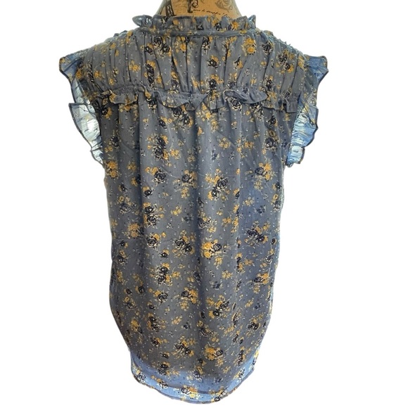 Elegant Floral Ruffle Blouse - Blue and Yellow - Picture 2 of 7